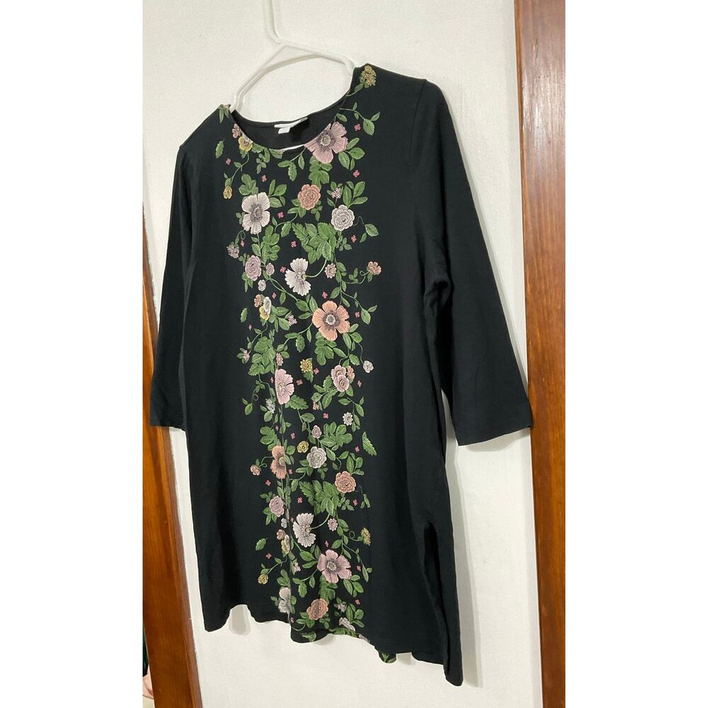 J. Jill Black Floral Panel 3/4 Sleeve Stretchy Tunic Knit Top Women’s Size Large - Picture 4 of 7